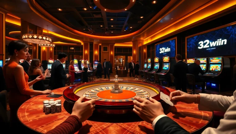 Players enjoying thrilling roulette and card games at 32win's high-end casino, showcasing excitement and luxury.