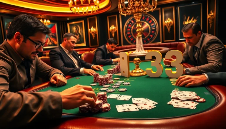 Experience thrilling poker games at PH33 Casino with vibrant chips and cards.
