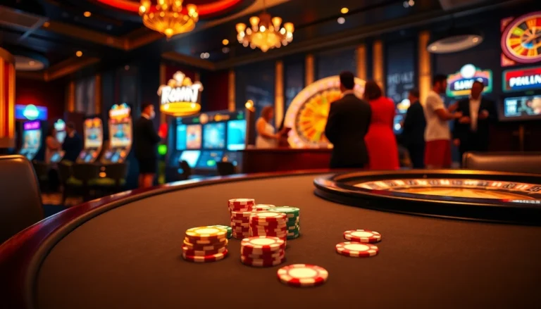 Exciting casino scene featuring kuwin-themed poker tables and vibrant roulette games.