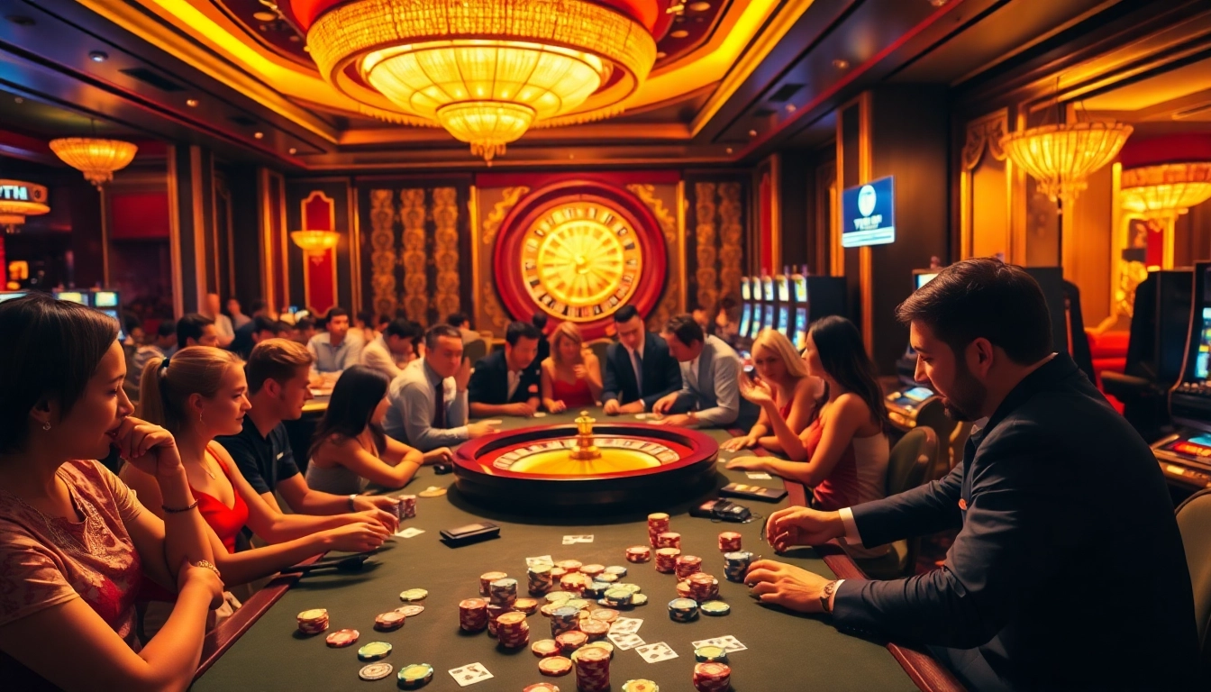Experience the thrill of gaming at 789f with lively poker tables, bright lights, and a roulette wheel.