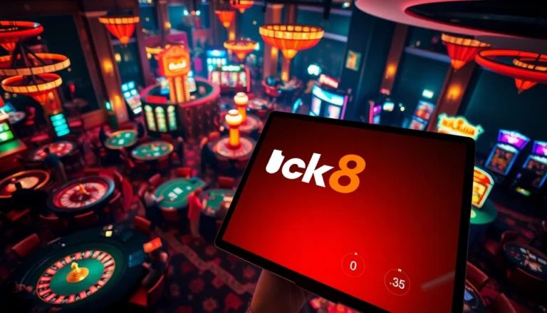 Experience the excitement of luck8 with players at a vibrant casino, engaging in thrilling card games and lively slot machines.