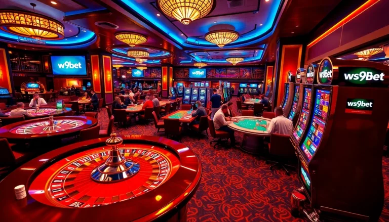 A lively casino scene featuring players at various tables with w9bet logo on digital interfaces, vibrant gaming action.