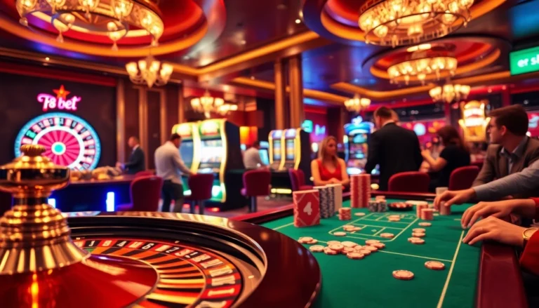 f8bet casino atmosphere with players at a roulette table and poker game.