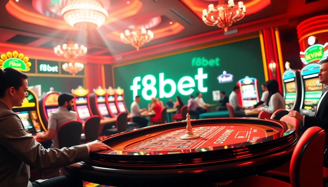 f8bet online casino scene with players at roulette and slot machines for an exciting gambling experience.