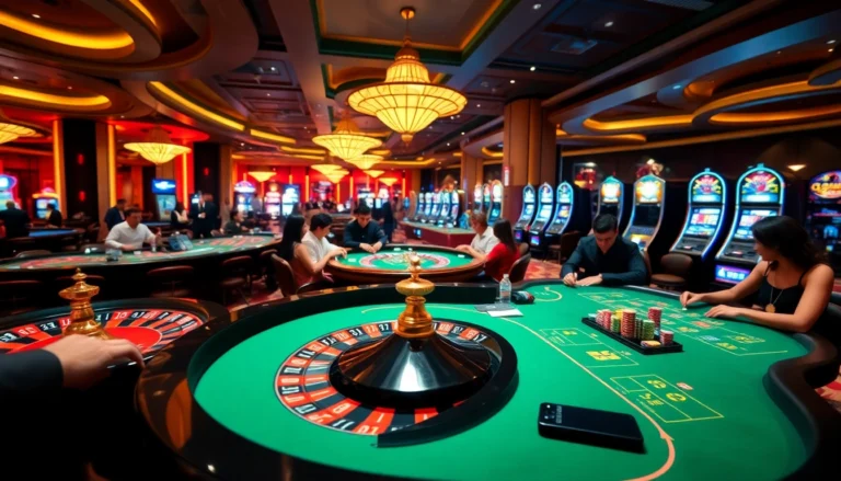 Hi88 features an exciting casino experience with players at roulette and poker tables, along with vibrant slot machines.