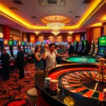 Players engaging at a lively casino table featuring tr88 betting activities and vibrant slot machines.