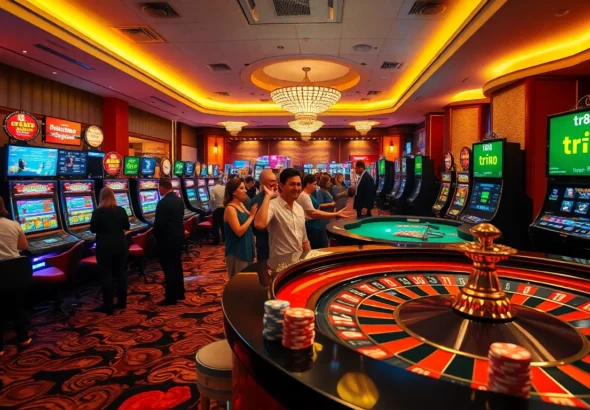 Players engaging at a lively casino table featuring tr88 betting activities and vibrant slot machines.