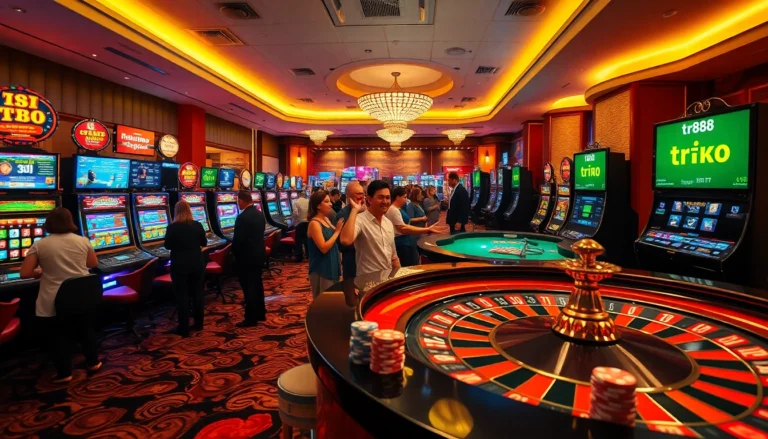 Players engaging at a lively casino table featuring tr88 betting activities and vibrant slot machines.