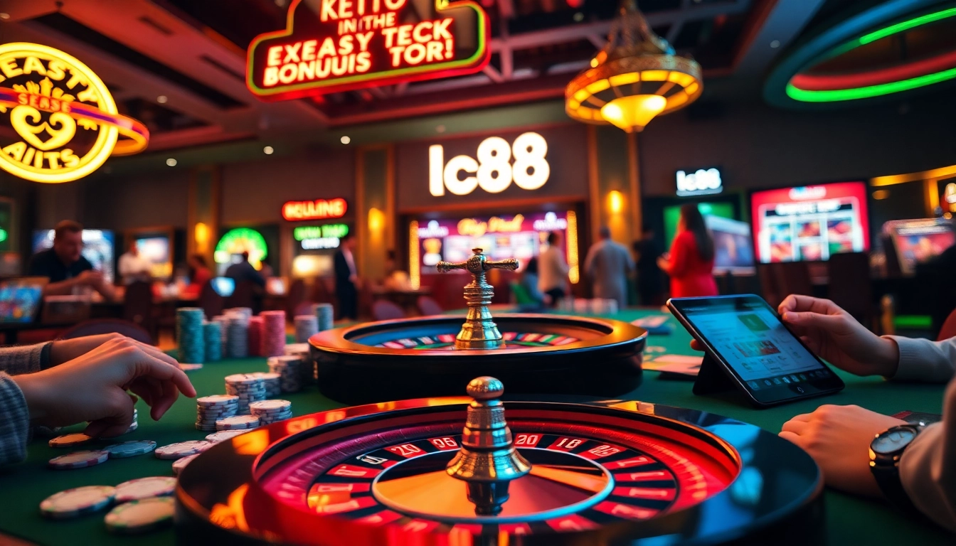 Experience the thrilling world of lc88 with vibrant poker chips and cards during an exciting gambling game.