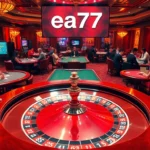 Experience the thrill at ea77 with a vibrant casino scene featuring a bustling roulette table and friendly players.