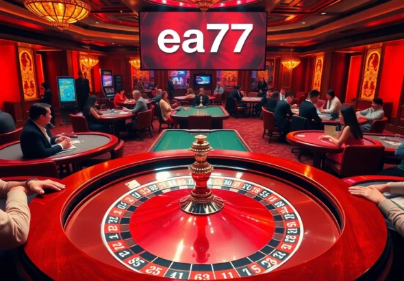 Experience the thrill at ea77 with a vibrant casino scene featuring a bustling roulette table and friendly players.