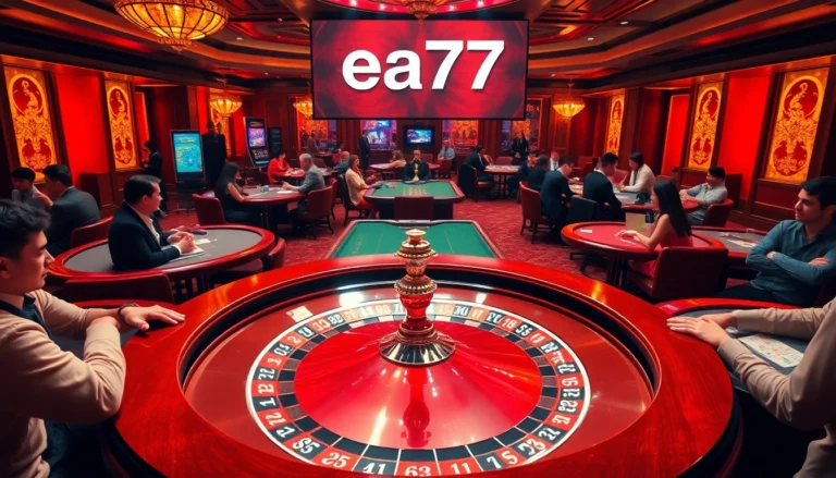 Experience the thrill at ea77 with a vibrant casino scene featuring a bustling roulette table and friendly players.