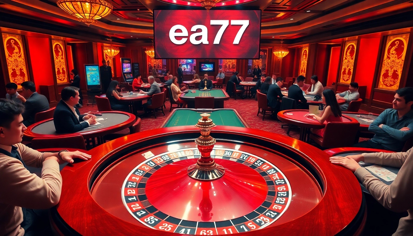 Experience the thrill at ea77 with a vibrant casino scene featuring a bustling roulette table and friendly players.